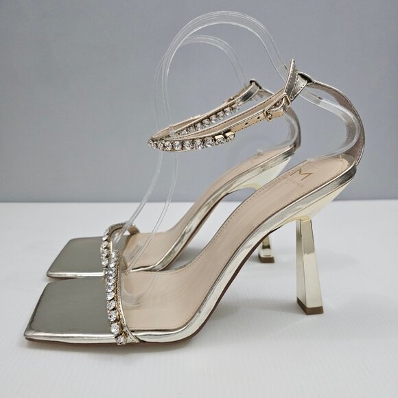 Marc Fisher Karima Rhinestone Heel Sz 9 Metallic Gold Leather Ankle Strap Sandal - Picture 16 of 16